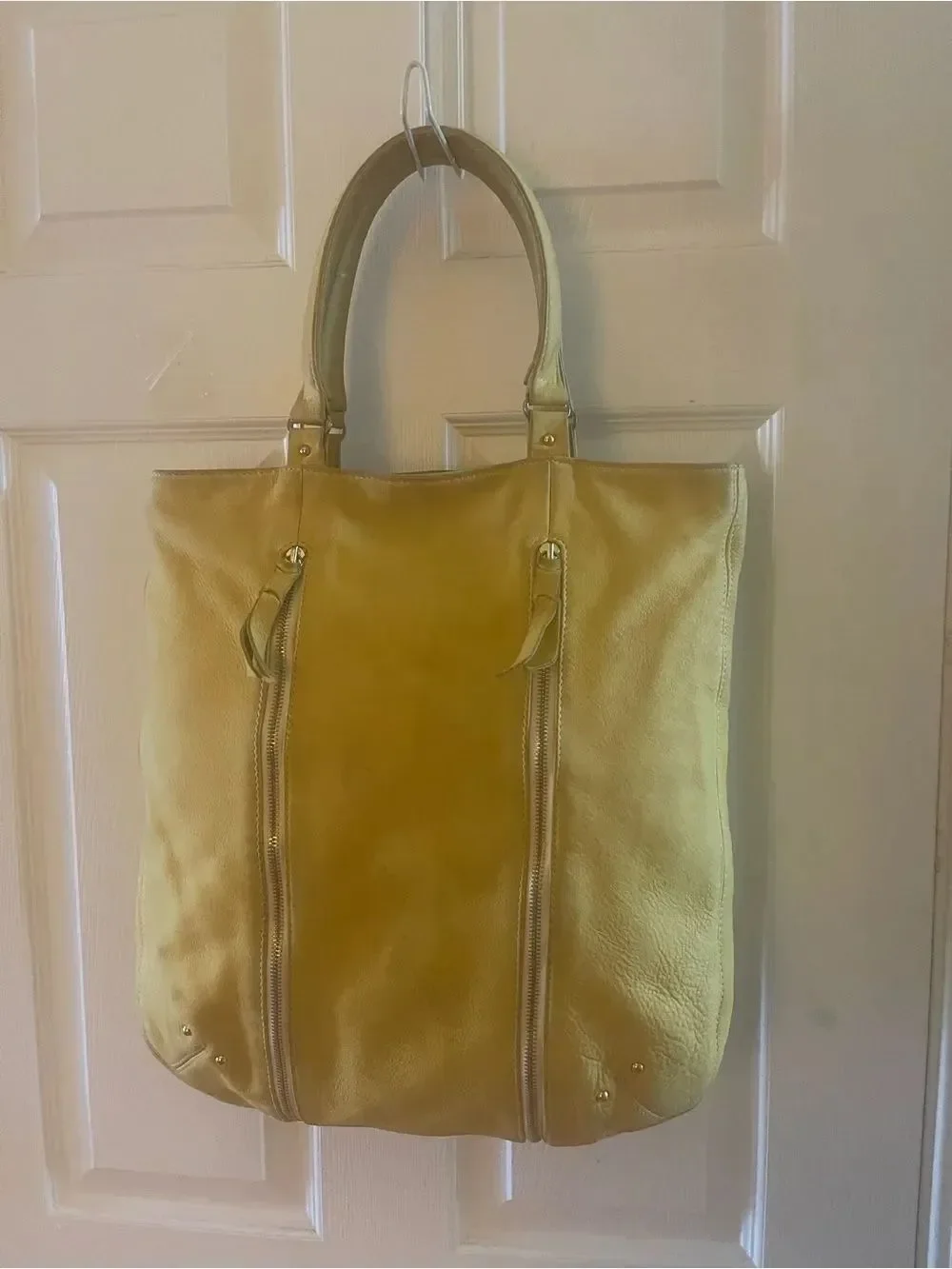 Yellow Leather Tote Bag with Front Zippers